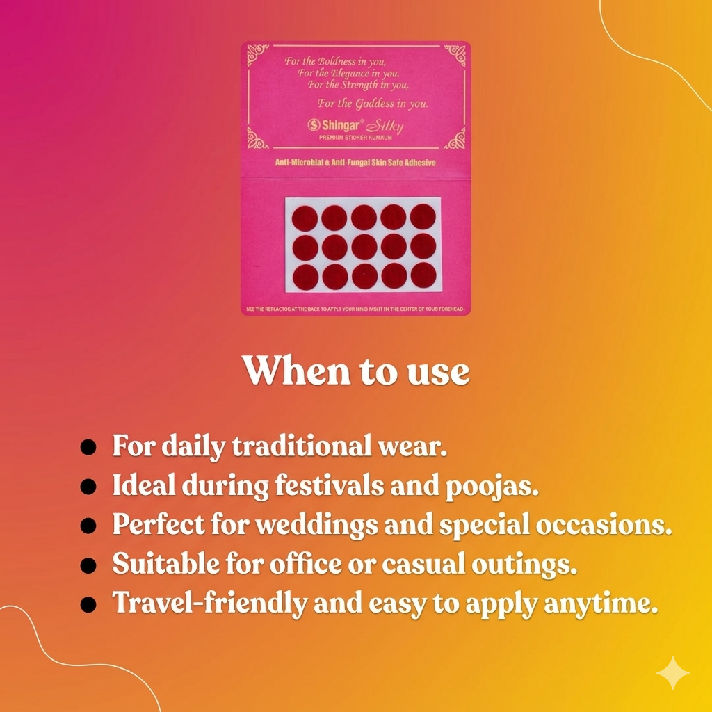 Shingar Silky Premium Sticker Kumkum: Antimicrobial, Antifungal, Skin-Safe Adhesive - Pack Of 10 Shingar Silky